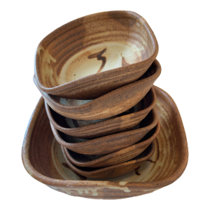 Vintage Handcrafted Studio Pottery Serving Bowls in Warm Brown Glaze, Signed Skul, Set of 7