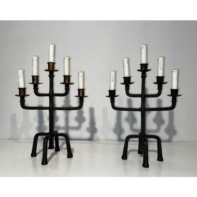 Mid-Century Modern 1940s Pair of 5-arm wrought iron candelabras For Sale - Image 3 of 12