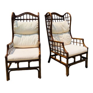 Late 20th Century Coastal Bamboo Wing Back Chairs/A Pair For Sale