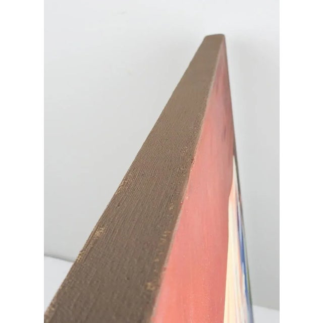 Late 20th century acrylic on canvas abstract cubist sleeping can on quilt painting. Unsigned. Unframed gallery wrap, edge...