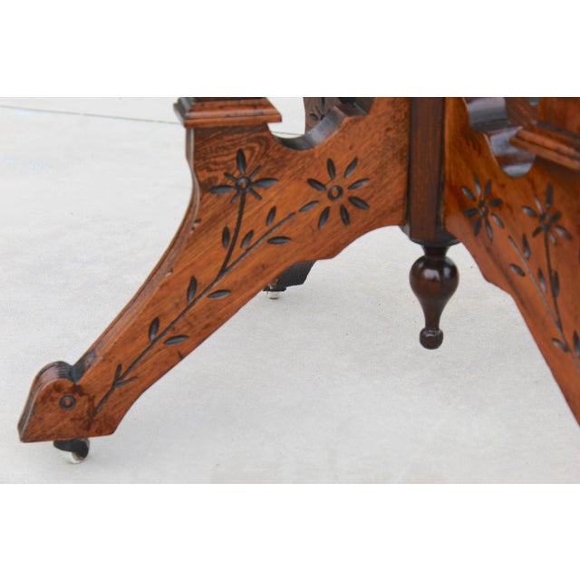 Antique American Victorian Eastlake Marble Top Parlor Table | Carved Walnut Side Table on Casters | C. 1880–1900 For Sale - Image 9 of 15
