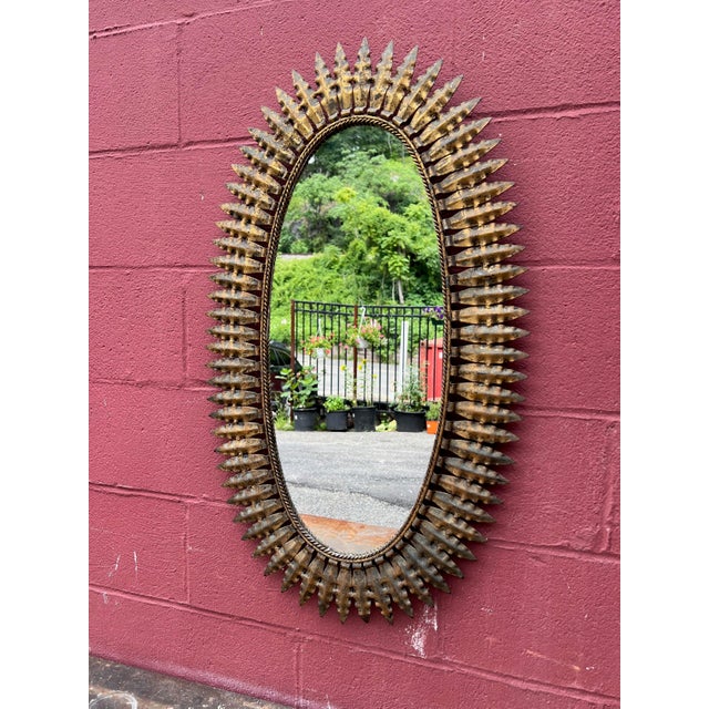 Gold Large Spanish 1950's Oval Gilt Metal Sunburst Mirror For Sale - Image 8 of 12