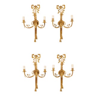 Antique 19th Century Ormolu 3-Branch Wall Sconces, Set of 4 For Sale