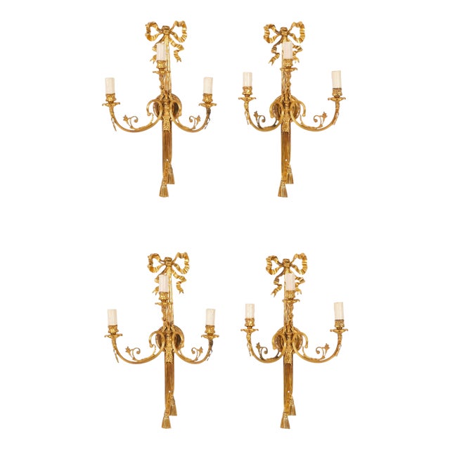 Antique 19th Century Ormolu 3-Branch Wall Sconces, Set of 4 For Sale