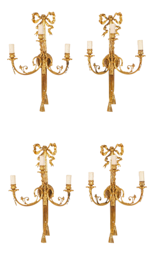 Antique 19th Century Ormolu 3-Branch Wall Sconces, Set of 4