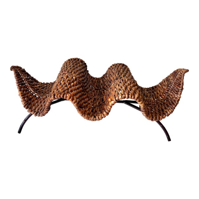 Vintage Organic Modern Rattan and Iron Leaf Shaped Wine Bottle Rack For Sale
