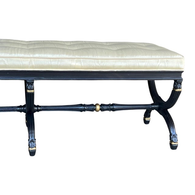 1970s Elegant Ebonized X-Base Bench With Tufted Oyster Upholstery & Gold Accents For Sale - Image 9 of 17