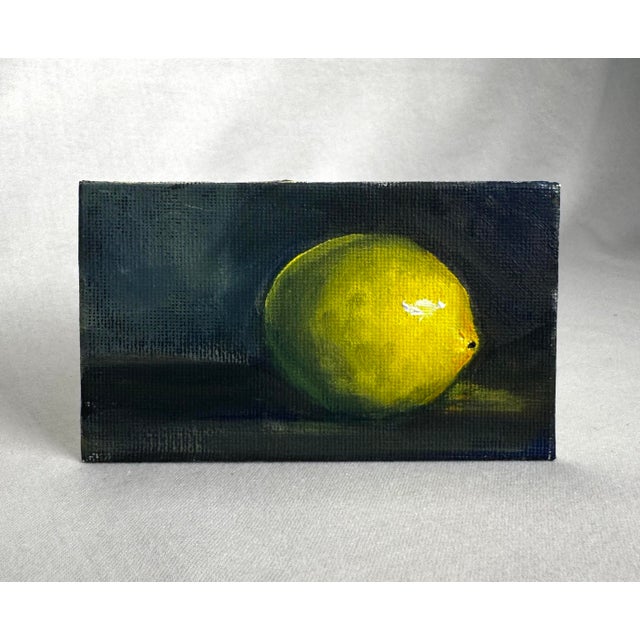 Vintage Traditional Dutch Sill Life ‘Lemon’ Small Original Oil Painting in Ink Blue, Yellow, Dark Green For Sale - Image 10 of 11