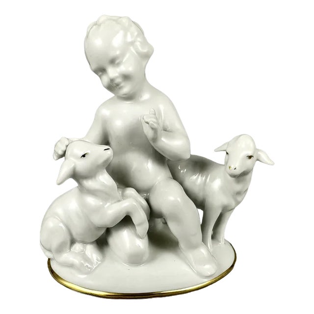 Vintage Porcelain Figurine of Cherub with Lambs from Gerold & Co. Tettau, Bavaria, Germany, 1960s For Sale