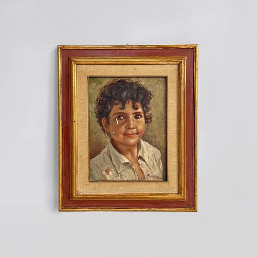 Painting made with tempera colours, representing a child with dark, wavy hair and a rounded face. The colors are warm and...