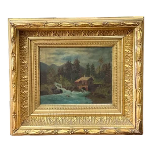 19th-C. Water Gilt Framed American Landscape Oil on Canvas of Mill on a River
