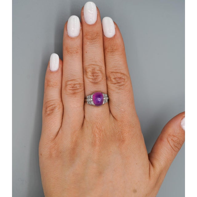 Vintage No Heat 7 Carat Purplish Pink Star Sapphire Platinum Art Deco Ring, Size 6.25 For Sale - Image 9 of 11