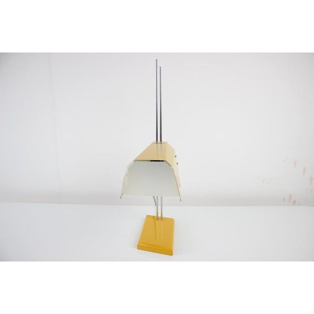 Made in czechoslovakia made of chrome, lacquered metal slightly damaged shade(see foto) with aged patina new cabling...