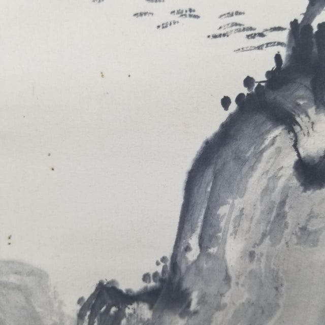 Late 20th Century Vintage Japanese Hanging Scroll Ink Landscape With Mountains, Sea, and Sailing Boats For Sale - Image 5 of 13
