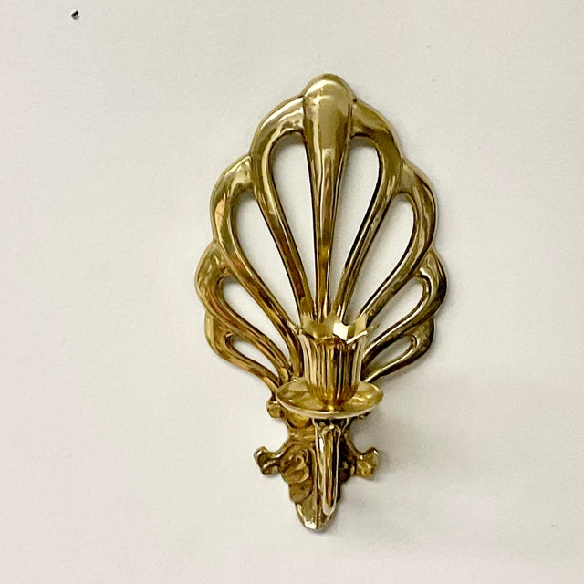 1970s Vintage French Peacock Lacquered Brass Candleholder Wall Sconces - A Pair For Sale - Image 9 of 17