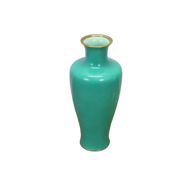 Japanese Antique Japanese Ando Jubei Celadon Wireless Cloisonne Vase Urn 10" For Sale - Image 3 of 13