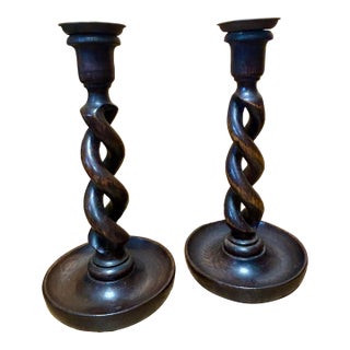 Vintage English Oak Open Barley Twist Candlesticks For Sale