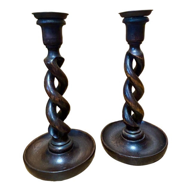 Vintage English Oak Open Barley Twist Candlesticks For Sale