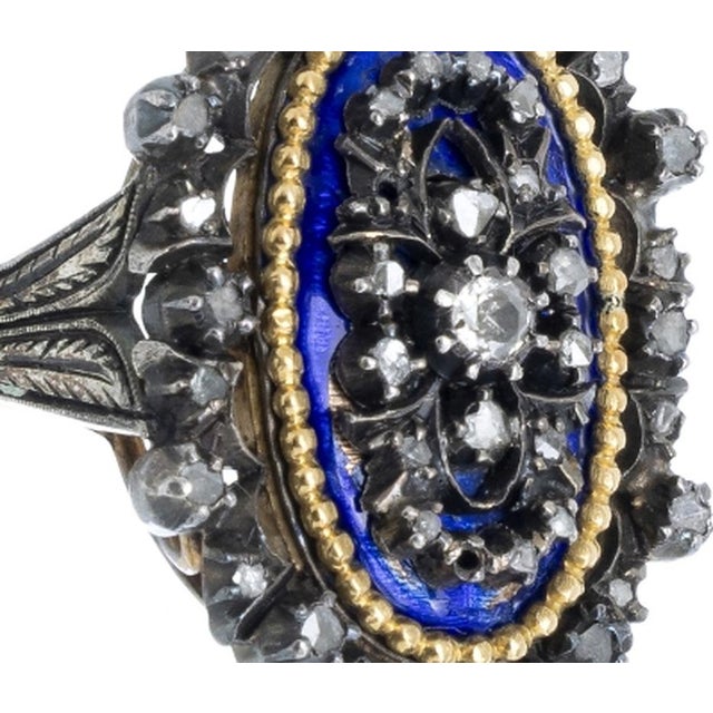 Silver and gold ring with enamel and diamonds - 19th century. Portuguese; 19th century in gold; with blue enamel; with a...