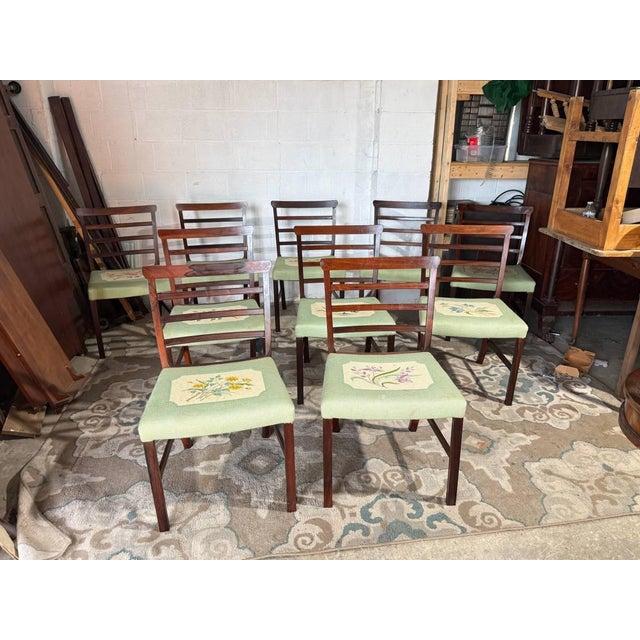 Set of 8 Art & Craft Style high ladder back rosewood tapestry seat dining chairs Solid wood frame with a dark finish,...
