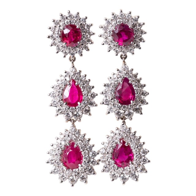 Vintage Platinum 7.5 Carats Ruby and 5 Carats Diamond Dangle Earrings, A Pair For Sale