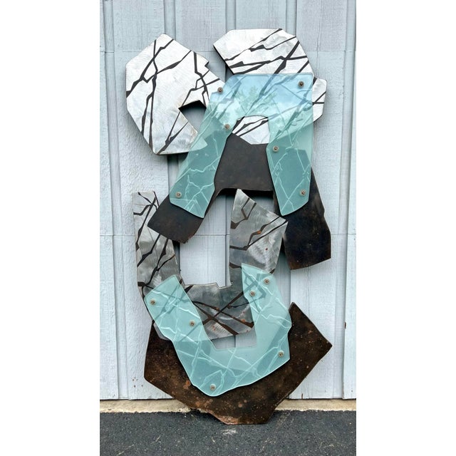 Signed 1990’s Modern Abstract Etched Glass Steel Wall Art Sculpture For Sale - Image 12 of 13