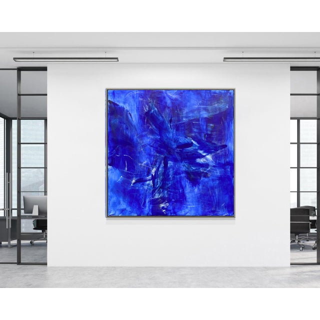 Blue "Blue Bird" by Trixie Pitts Large Monochromatic Abstract Expressionist Oil Painting For Sale - Image 8 of 12