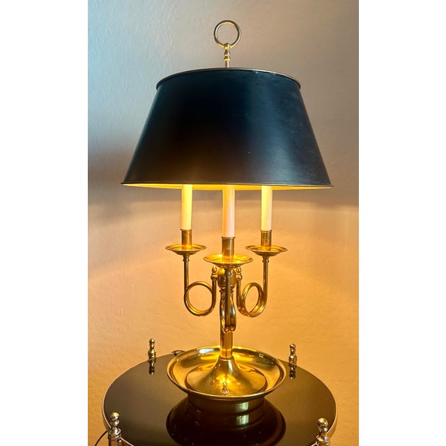 French Vintage Solid Brass French Horn Bouillotte Lamp | 3-Arm Candelabra, Original Shade For Sale - Image 3 of 12