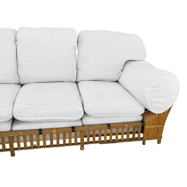 1980s Stick Reed Rattan Sofa & Chair Living Room Set W/ Overstuffed Cushions For Sale - Image 4 of 12
