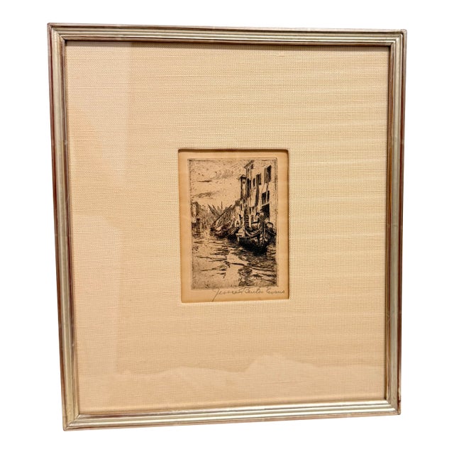 Original Venetian Canal Etching, Custom Framed For Sale