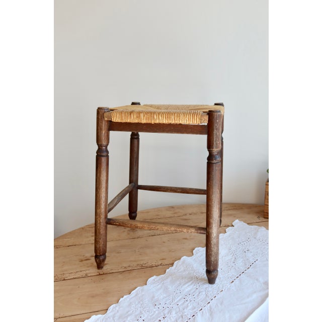 1970s Antique Square Wooden Stool with Woven Straw Seat, 1970s For Sale - Image 5 of 5