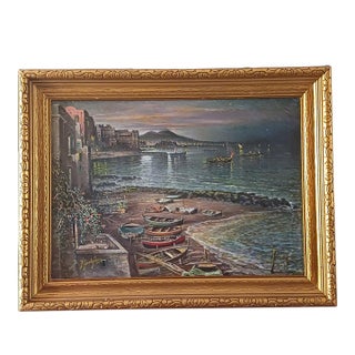 Night on the Bay of Naples - O/C F. Castigliano, Listed Italian Mid-Century For Sale