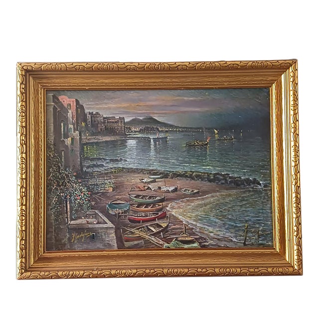 Night on the Bay of Naples - O/C F. Castigliano, Listed Italian Mid-Century For Sale