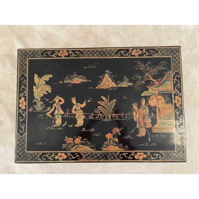 Wood Late 20th Century Antique Chinese Hand Painted Pigskin Trunk, Black Lacquer For Sale - Image 7 of 11