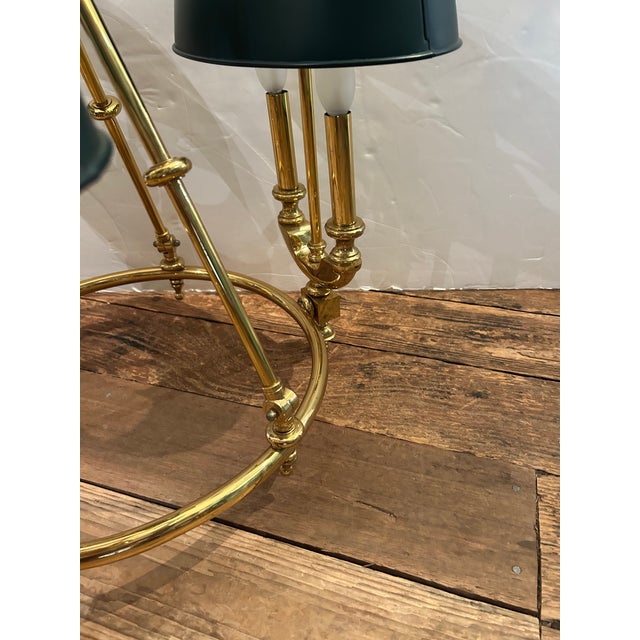 Metal 1980s Bouillotte Style Brass 3 Arm Chandelier With Green Tole Shades by Lightolier For Sale - Image 7 of 16