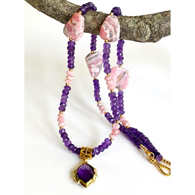 Artisan Amethyst Pendant Necklace With Genuine Argentine Rhodochrosite and Gilded Accents For Sale - Image 14 of 18