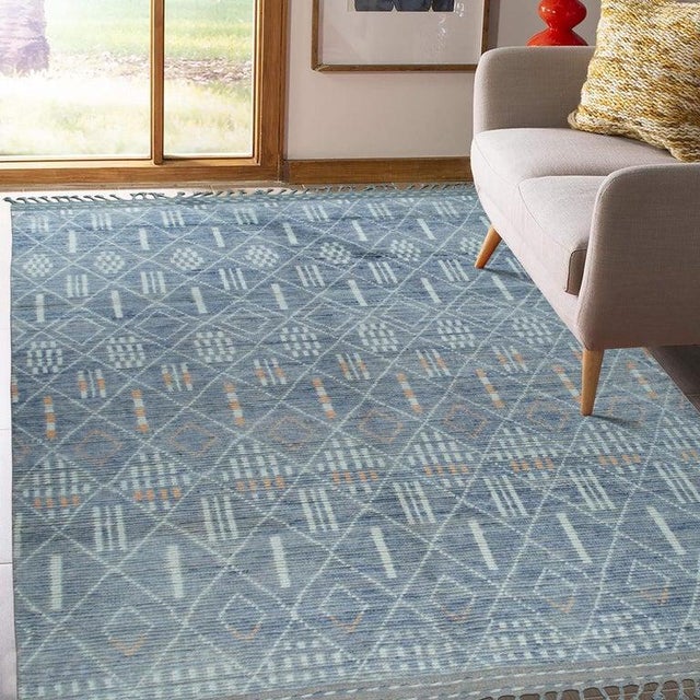 6x9 Blue Hand-Knotted Wool Diamond Lattice Geometric Modern Carpet Rug For Sale - Image 10 of 10
