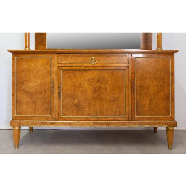 Empire style vitrine buffet antique, French, early 20th century Burled elm wood and bronze Beveled glass display cabinet....