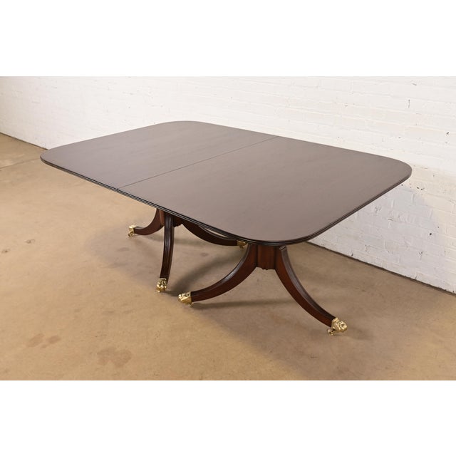 Brown Baker Furniture Style English Georgian Mahogany Triple Pedestal Extension Dining Table, Newly Refinished For Sale - Image 8 of 12