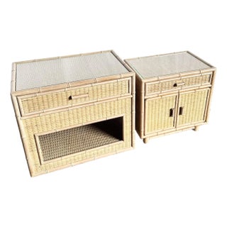 Boho Chic Coastal Faux Bamboo Wicker Glass Top Table on Casters and Nightstand- Set of 2 For Sale