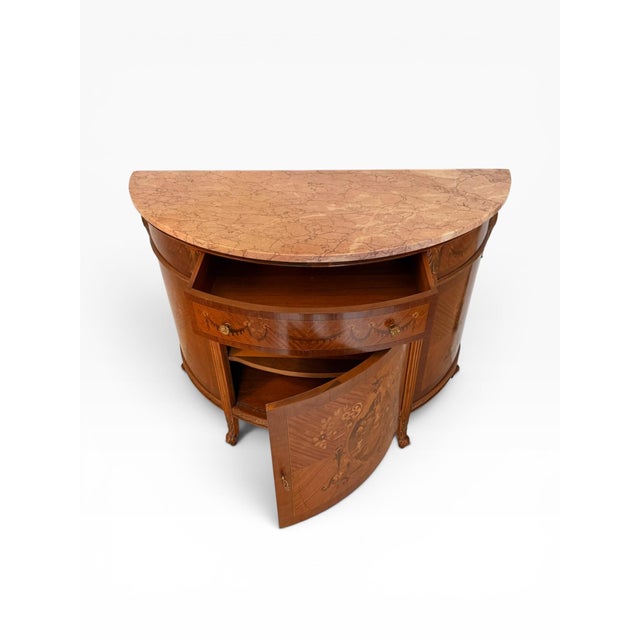 Wood Late 20th Century Italian Neoclassical Inlaid Demilune Marble-Top Cabinet Console For Sale - Image 7 of 10