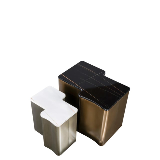 Set of 2 tables Materials: Stainless Steel, marble Measurements: 24.25"x17.75"x18.75"h, 39 lbs 13"x16"x15"h, 20 lbs...