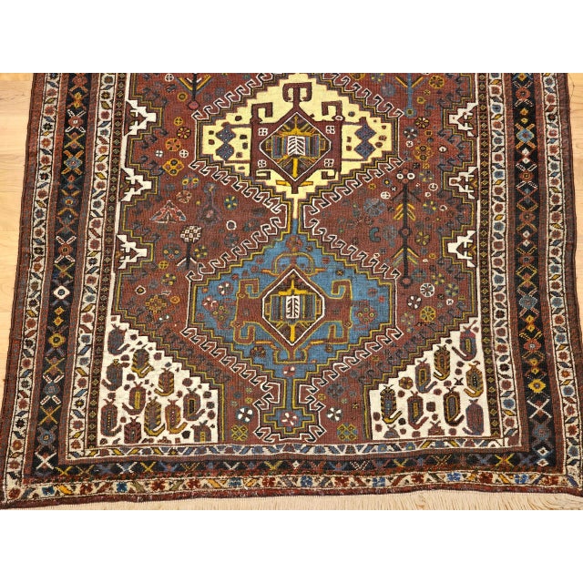 Blue Vintage Persian Qashqai Tribal Area Rug, Handwoven Geometric Pattern, Rust Red & Ivory, 4’ X 6’ For Sale - Image 8 of 12