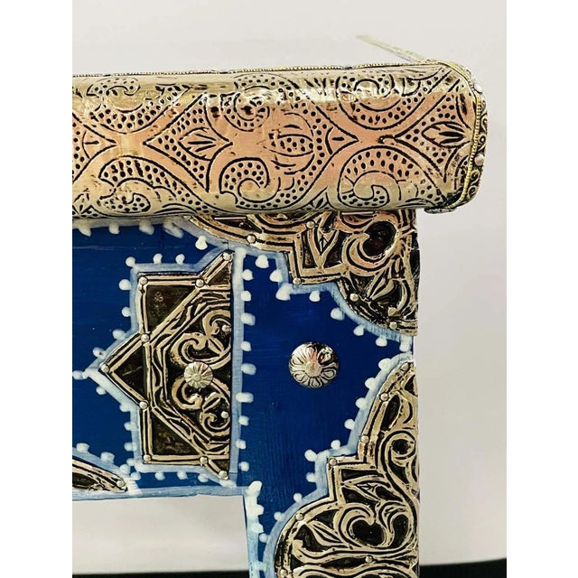 Wood Boho Chic Style Moroccan Blue & Silver Rectangular Side or End Table, Pair For Sale - Image 7 of 13