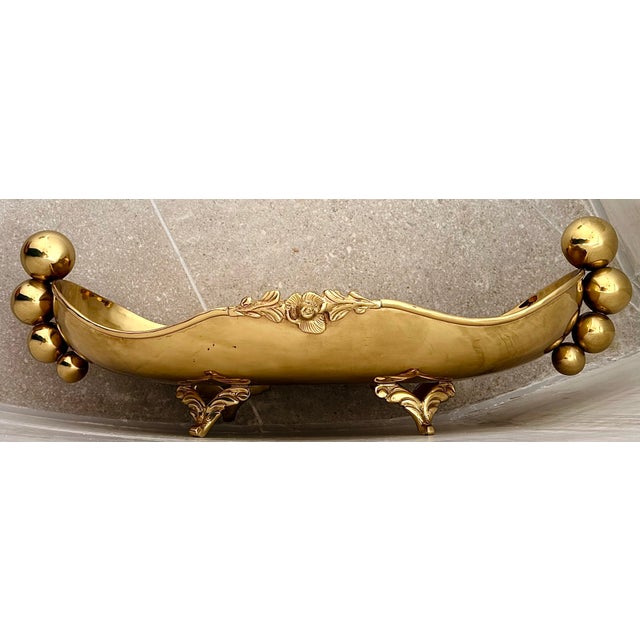 Brass Antique Early 20th Century Solid Brass Mexican Decorative Jardinière or Centerpiece Bowl, Footed Base, Ornate Spherical Handles, & Floral Decorations For Sale - Image 8 of 12