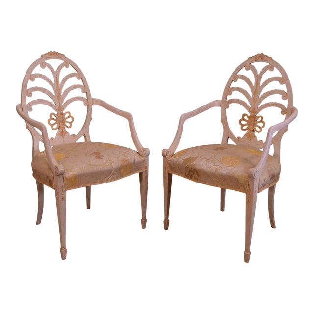 Hepplewhite Style Custom Adams Hand Painted Prince of Wales Armchairs - a Pair For Sale