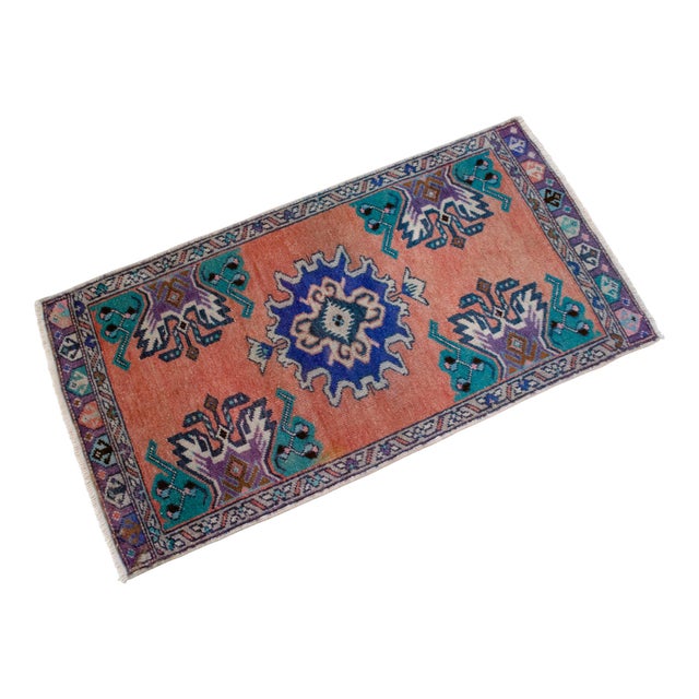 Hand Knotted Low Pile Wool Turkish Small Rug Faded Mat Entry Decor, Bath Mat - 1'8'' X 3' For Sale - Image 4 of 14