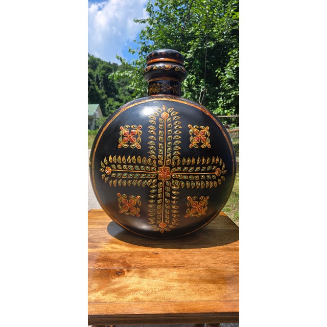 Vintage Hand-Painted Blackware Pottery Bottle Vase With Floral Folk Art Motif For Sale - Image 6 of 18
