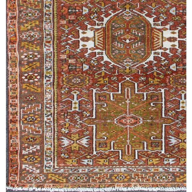 Early 20th Century Olive Green, Yellow Green, Rust Red Antique Persian Karadjeh Rug Geometric Design For Sale - Image 5 of 8