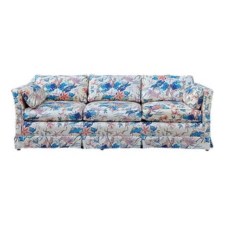 1970s Henredon Inspired Flared Tuxedo Sofa With Exotic Tropical Floral Screen Print Fabric For Sale